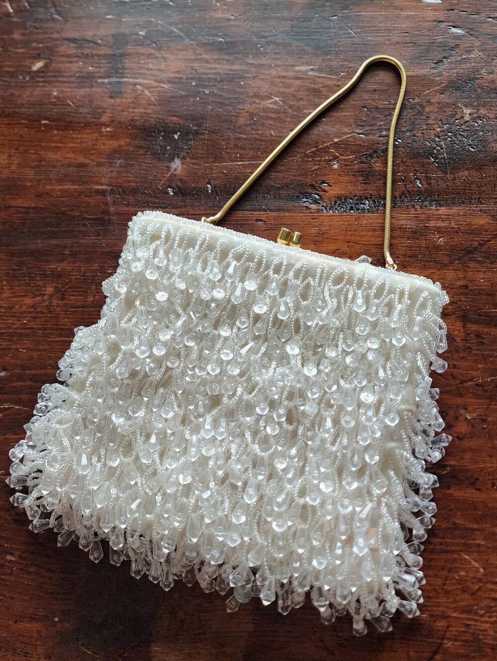 Vintage Evening Clutch Purse White Hand Beaded Hong Kong Wedding Prom STAINED